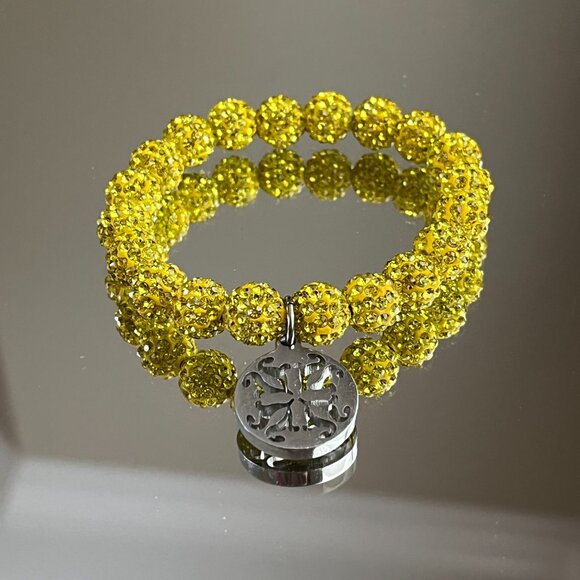 Rustic Cuff Metal Stainless Steel Shambala Beaded Stretch Bracelet Yellow - Picture 2 of 3
